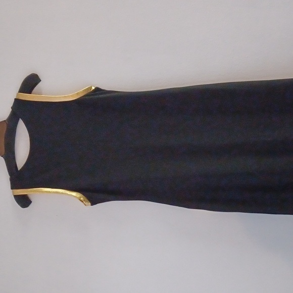 Leatherette Gold Panel Slit Front Maxi Black Dress Miss Morena Large - Picture 8 of 10